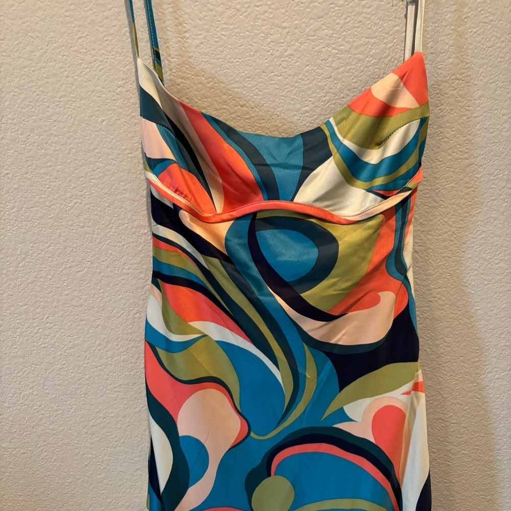 NWT Allison & Kelly Satin Geo Print Spaghetti Strap Back Cut Out Slip Dress, XS - Picture 3 of 13